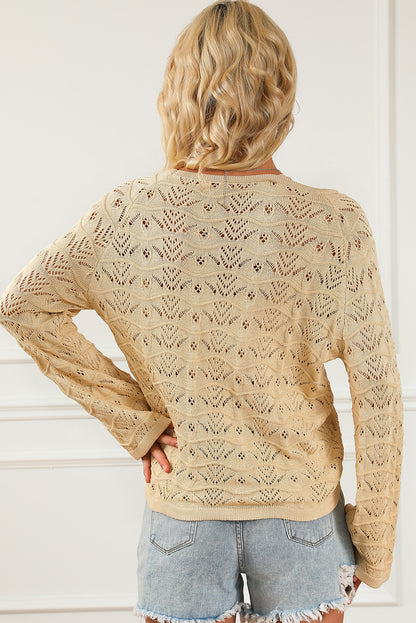 Hollowed Knit Asymmetric Drawstring Sweater | Khaki