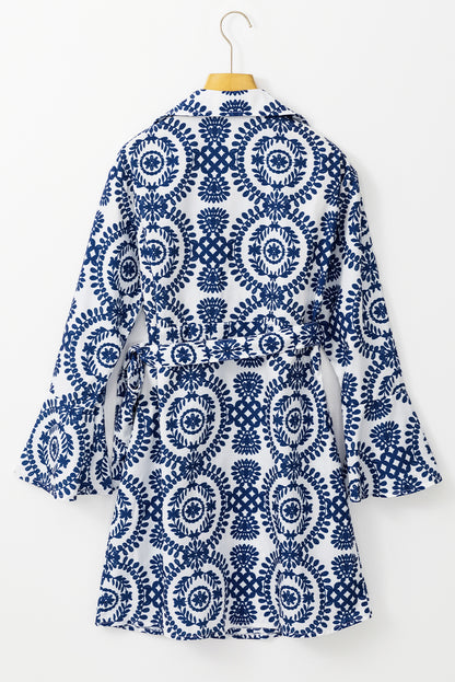 Floral Print V Neck Wrapped Knot Long Sleeve Dress | Blue