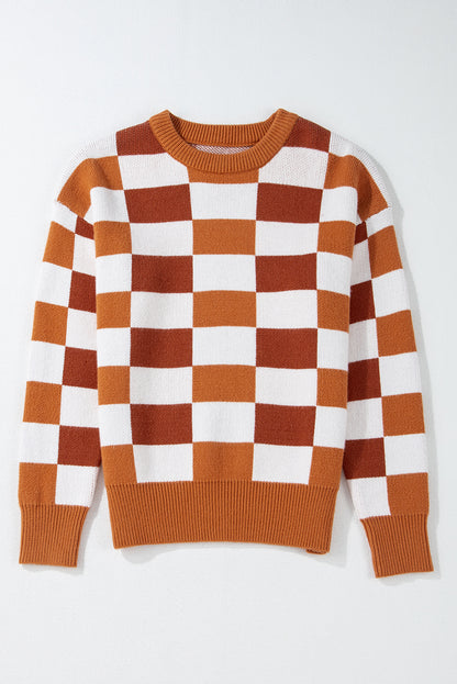 Checkered Ribbed Edge O Neck Drop Shoulder Sweater | Orange