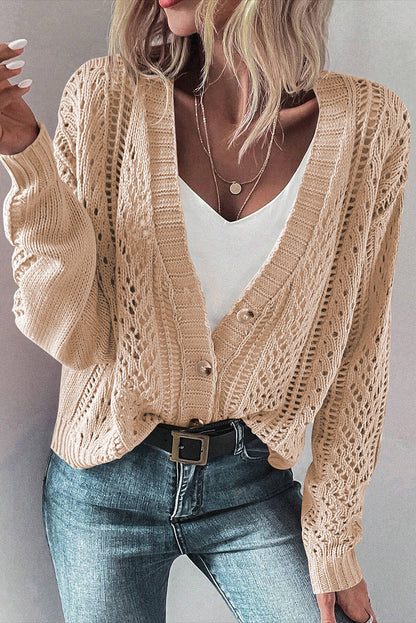 Open Knit Drop Shoulder Sweater Cardigan | Beige