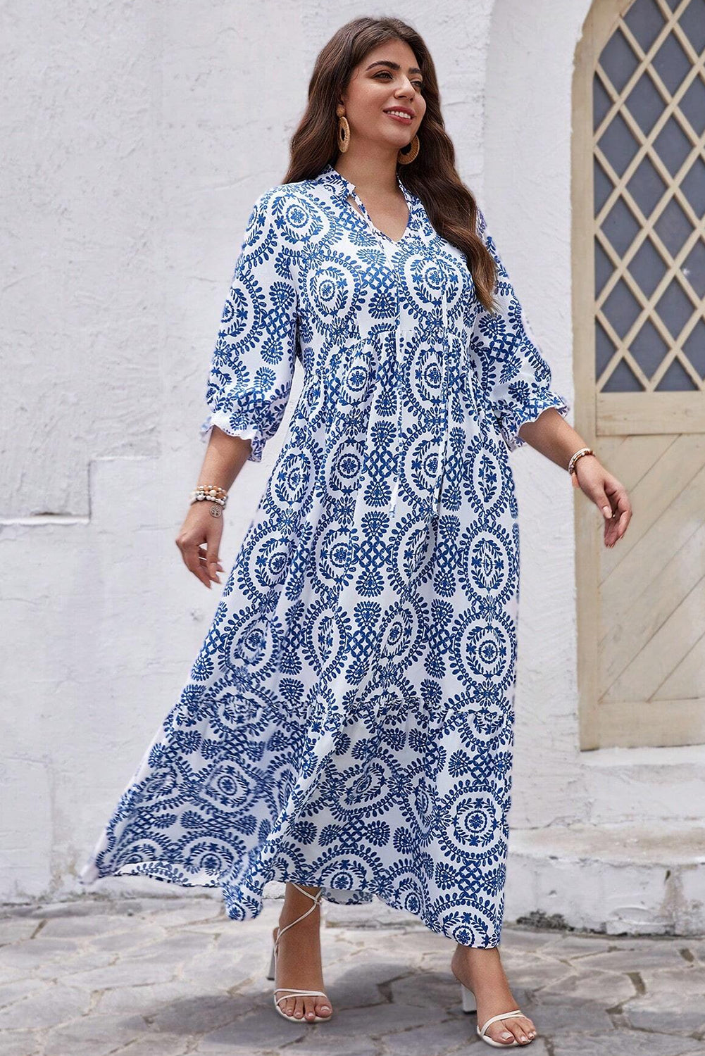 Geometric Print Lace-Up Notch Neck Plus Size Maxi Dress | Sky Blue