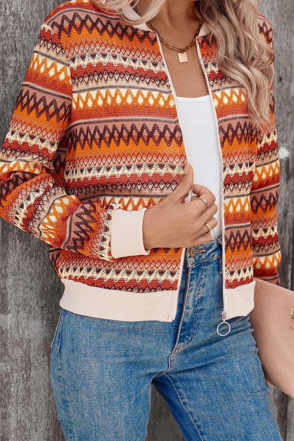 Boho Striped Zip Up Long Sleeve Jacket | Orange