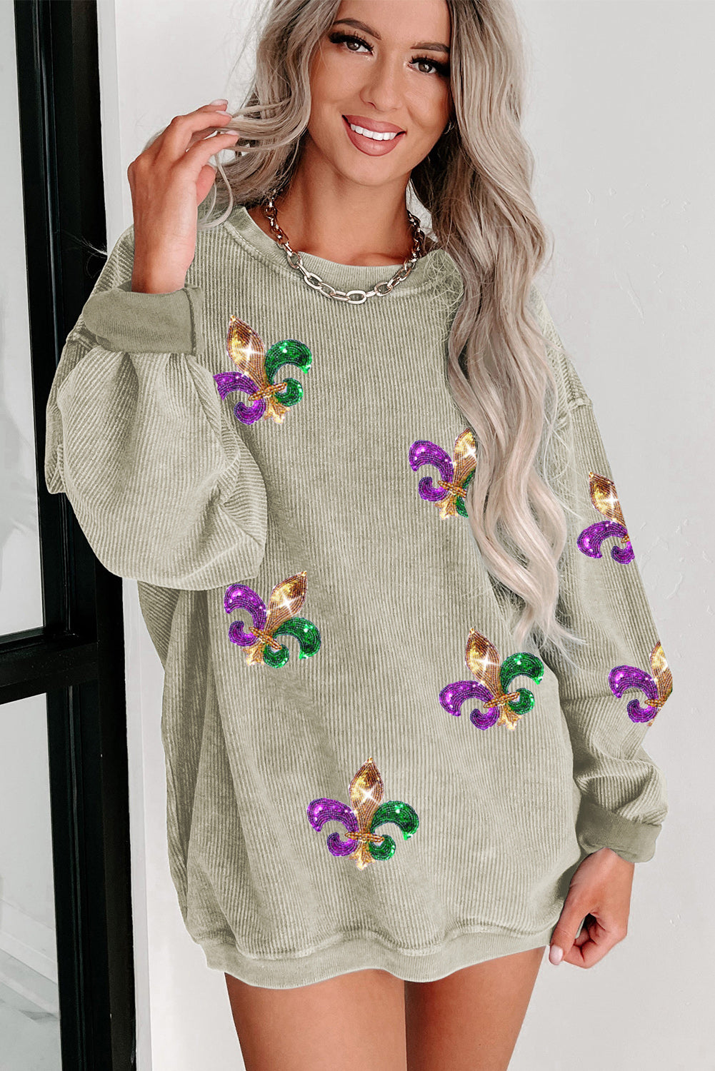 Glitter Mardi Gras Symbol Corded Baggy Sweatshirt | Green