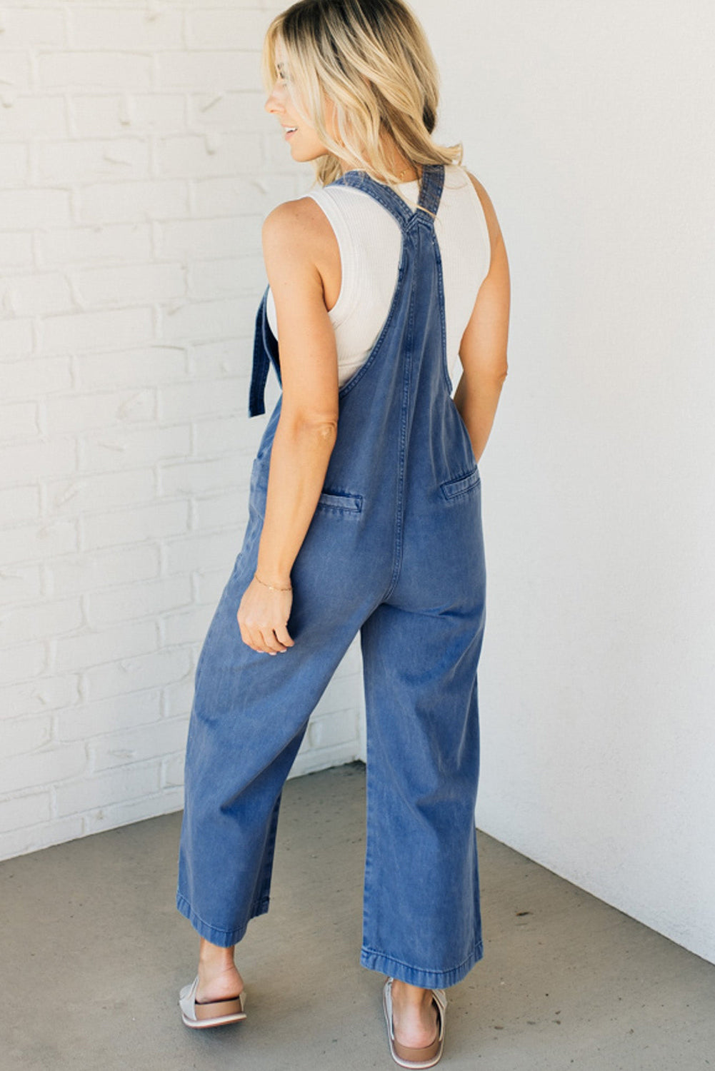 Mineral Wash Knotted Strap Patched Pocket Wide Leg Denim Overalls | Prussian Blue