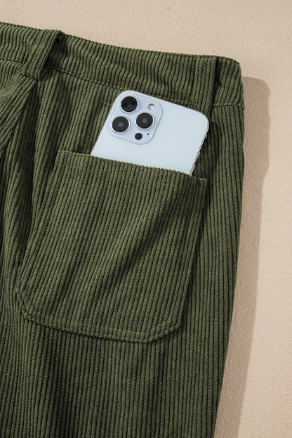 High Waist Square Pockets Corduroy Pants | Green