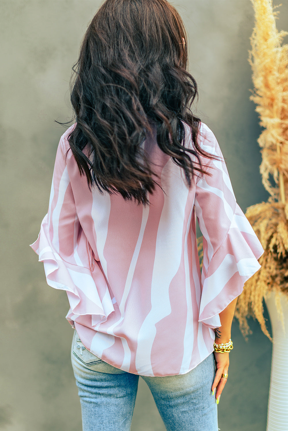 Vertical Stripes V Neck 3/4 Sleeve Blouse | Pink