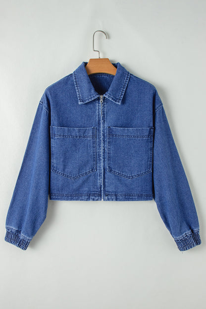 Large Side Pockets Zip-Up Denim Jacket | Sail Blue