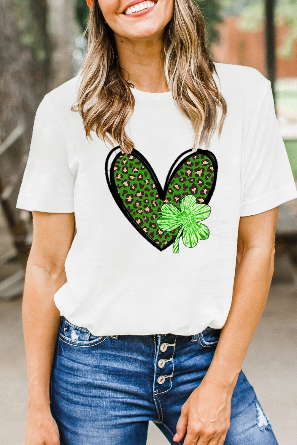 Clover Leopard Heart Shaped Print Crewneck Graphic Tee | White