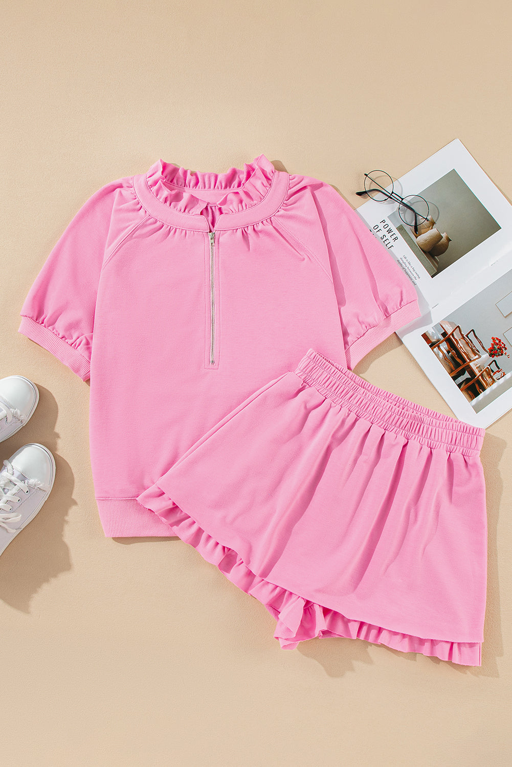 Half Zip Puff Sleeve Top And Ruffled Shorts Set | Pink