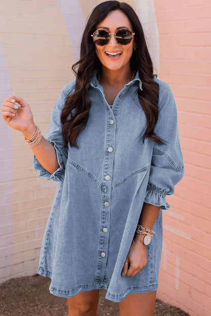 Buttoned Long Sleeve Denim Mini Dress | Sky Blue