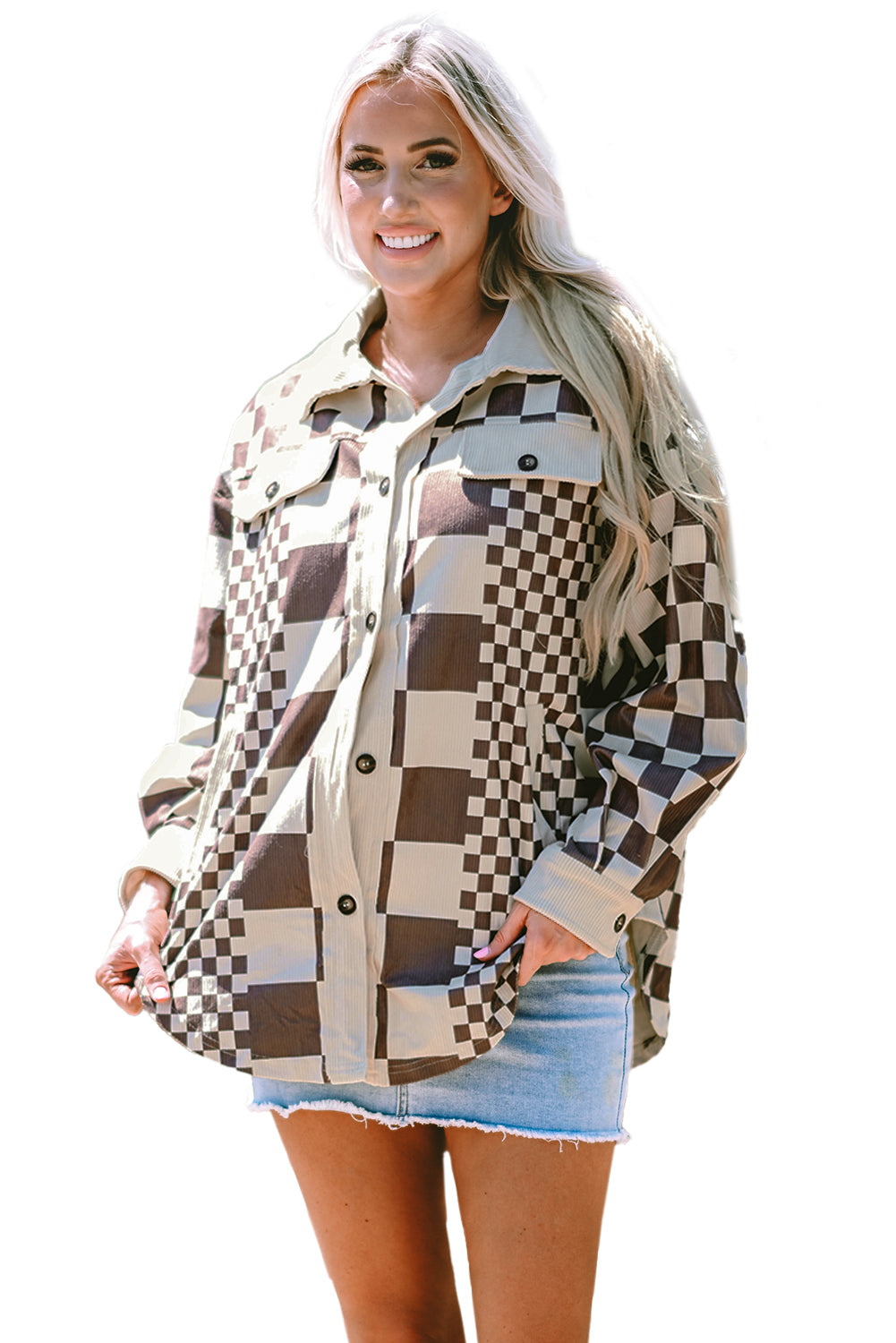 Checkered Print Patchwork Corduroy Shacket | Brown