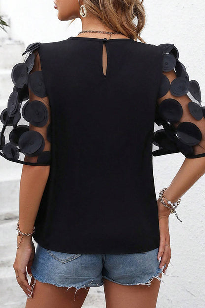 Contrast Applique Mesh Half Sleeve Blouse | Black