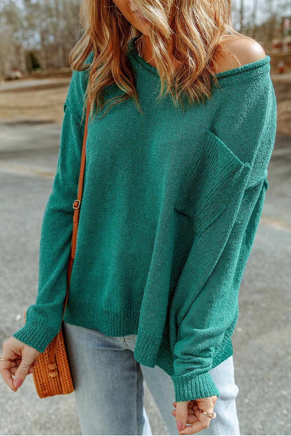 Solid Colour Off Shoulder Rib Knit Sweater With Pocket | Green