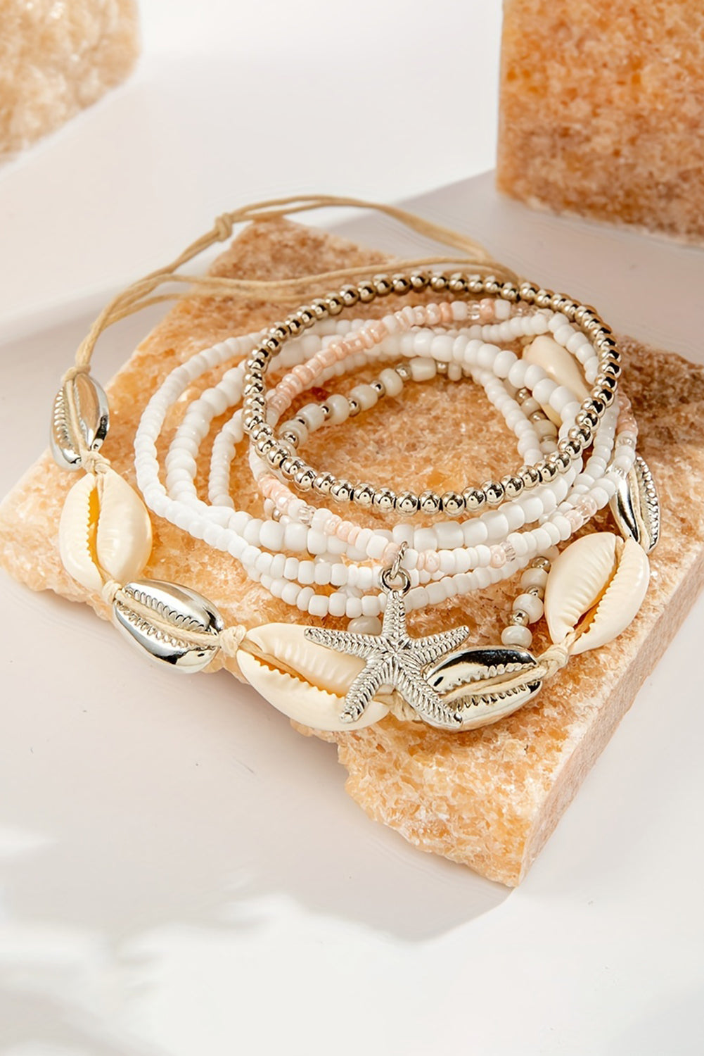 7Pcs Starfish Seashell Beaded Bracelet Set | White