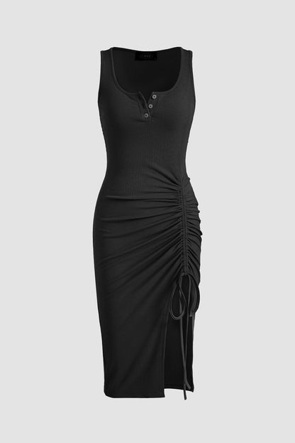 Drawstring Ruched Side Split Ribbed Midi Dress | Black