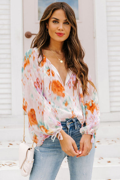 Abstract Print Split Neck Puff Sleeve Blouse | Multicolour