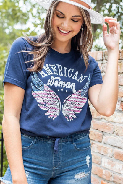 American Woman Flag Eagle Wing Graphic Tee | Blue