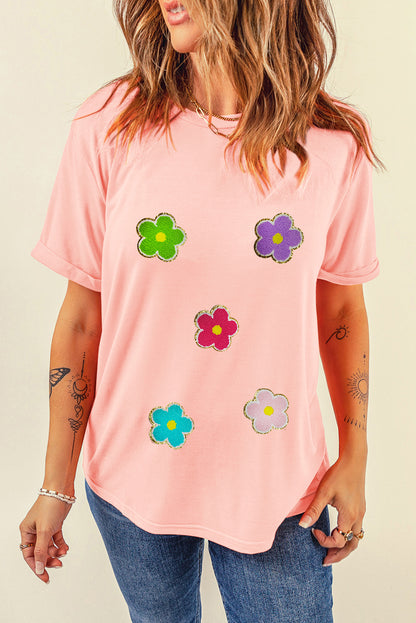 Glittering Chenille Flower Patched Pattern Crewneck T Shirt | Pink