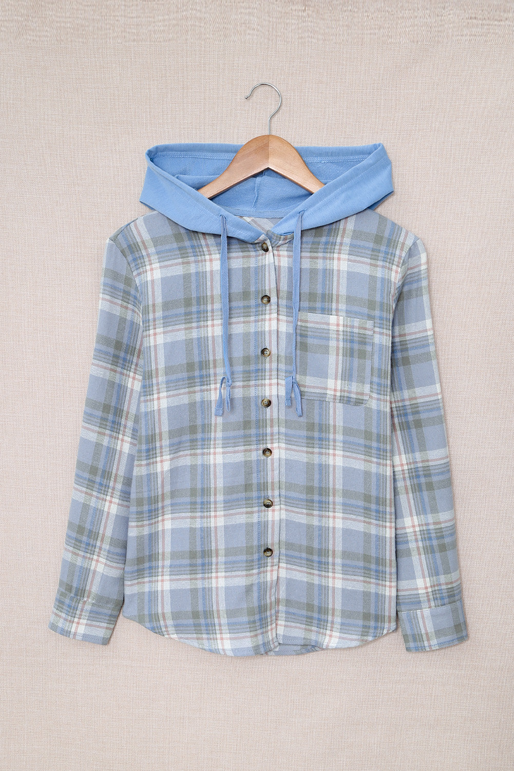 Plaid Print Pocket Drawstring Hooded Jacket | Sky Blue