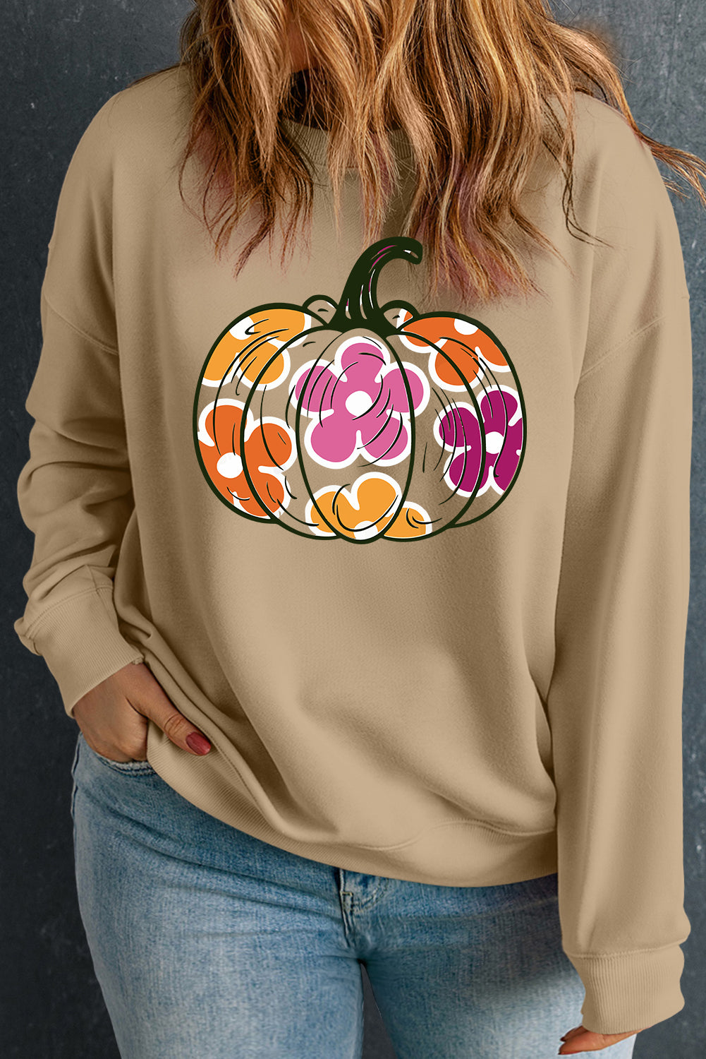 Apricot Plus Size Floral Pumpkin Print O Neck Halloween Sweatshirt