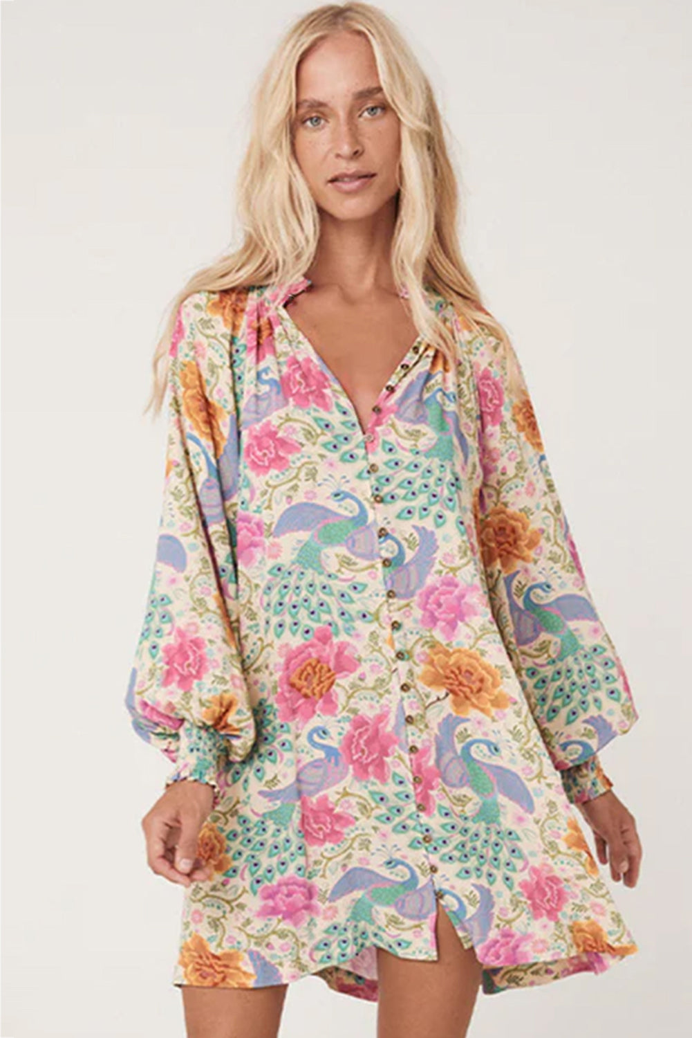 Floral Print Bubble Sleeve Buttoned V Neck Mini Dress | Multicolour