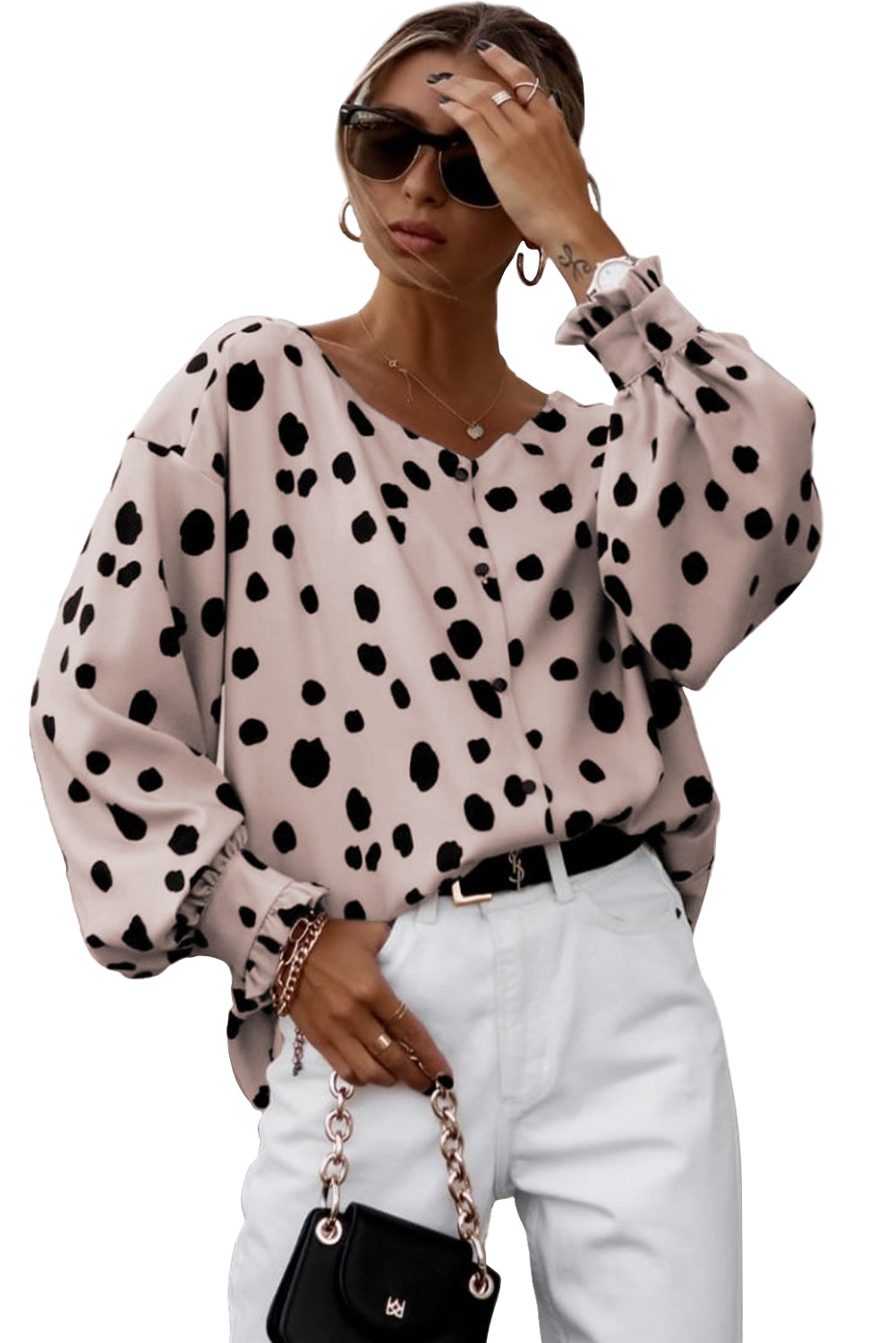 Button Frill Cuffs Oversize Puff Sleeve Blouse | Pink