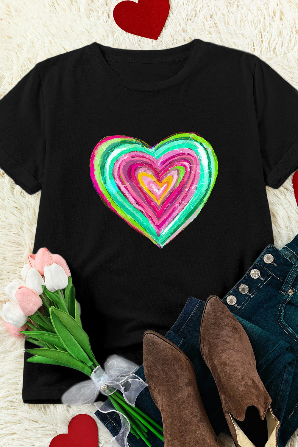 Valentine Heart Shaped Print Crew Neck T Shirt | Black