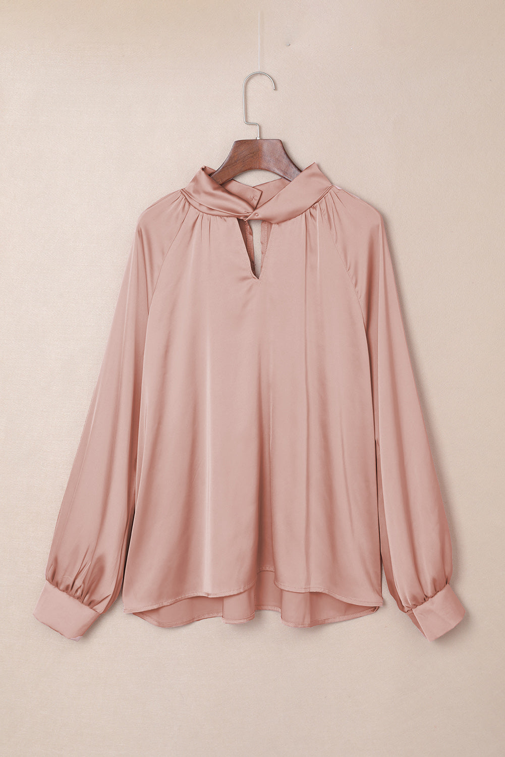 Twist High Neck Puff Sleeve Satin Blouse | Pink