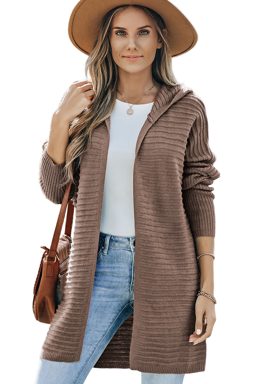 Horizontal Rib Knitted Open Front Hooded Cardigan | Brown