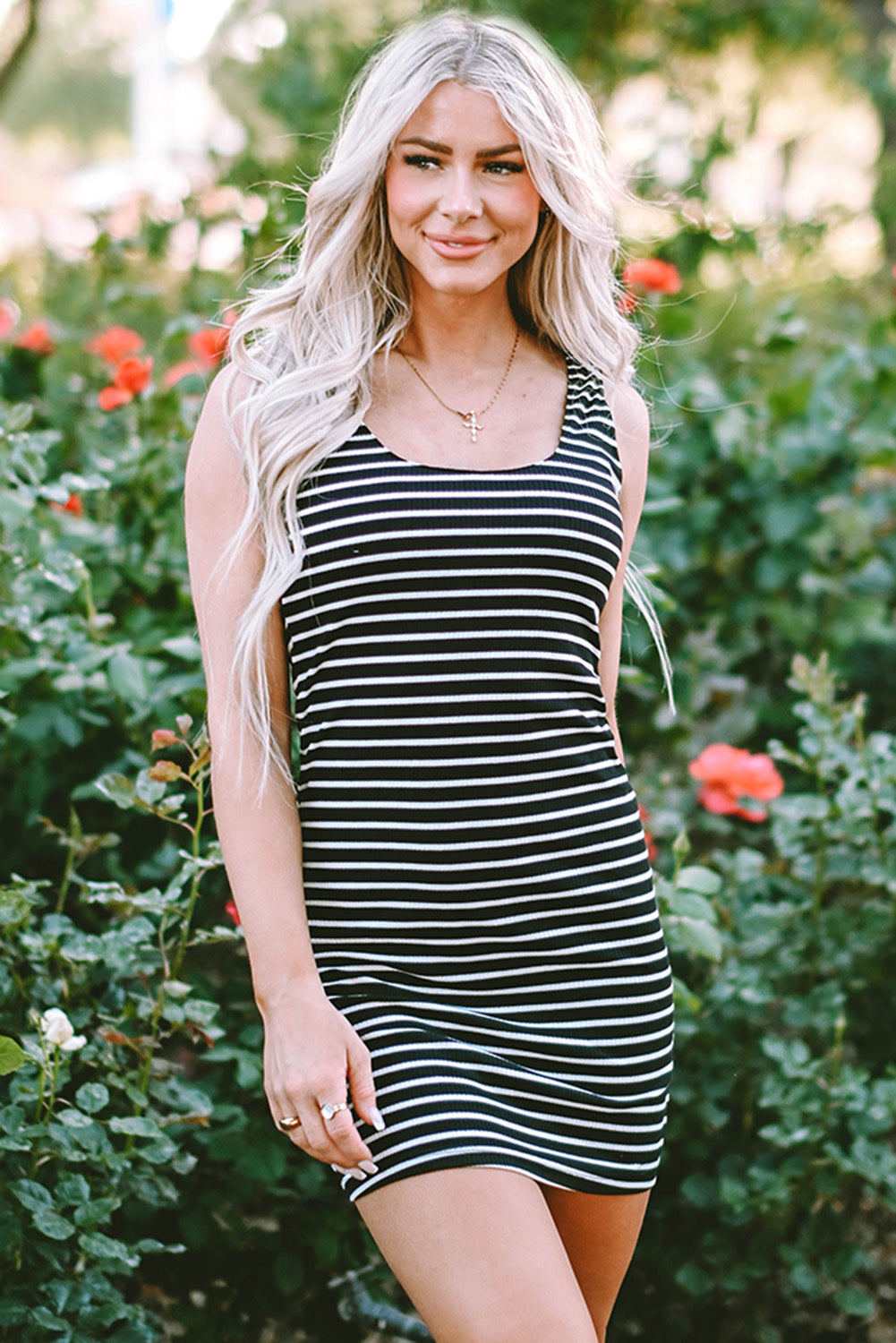 Ribbed Knit Sleeveless Mini Dress | Black Stripe