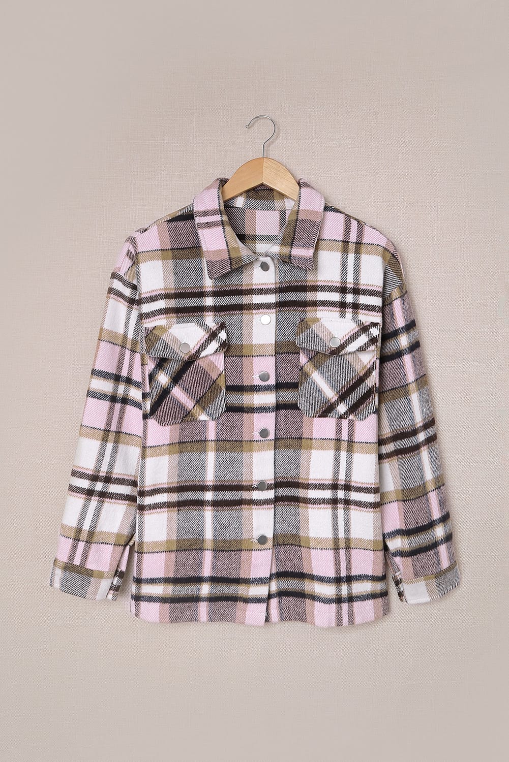 Geometric Plaid Print Pocketed Shacket | Pink