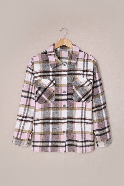 Geometric Plaid Print Pocketed Shacket | Pink