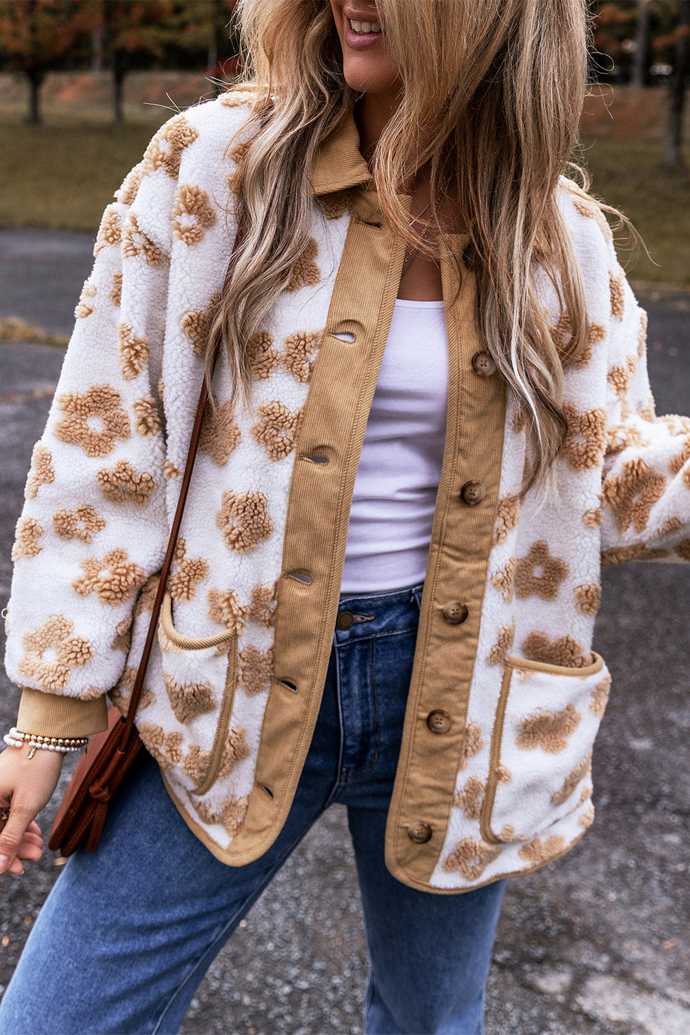 Cute Flower Pattern Button Up Fleece Jacket | Light French Beige