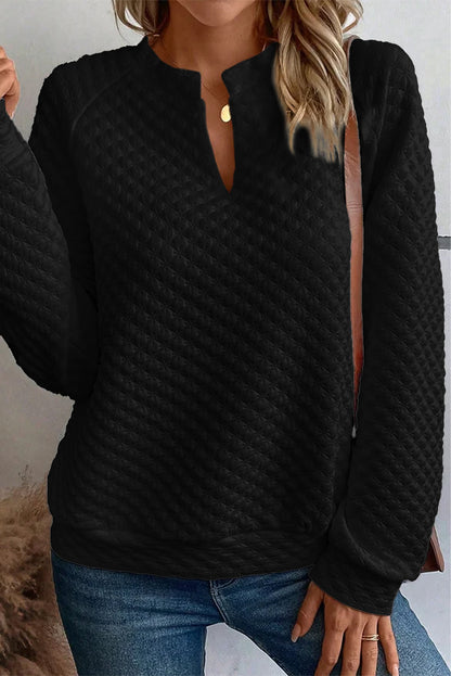 Split Neck Quilted Long Sleeve Top | Black