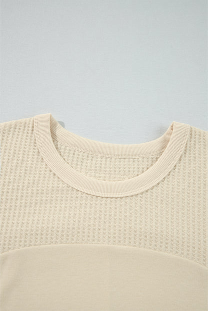 Thermal Knit Patchwork Exposed Seam Long Sleeve Top | Beige