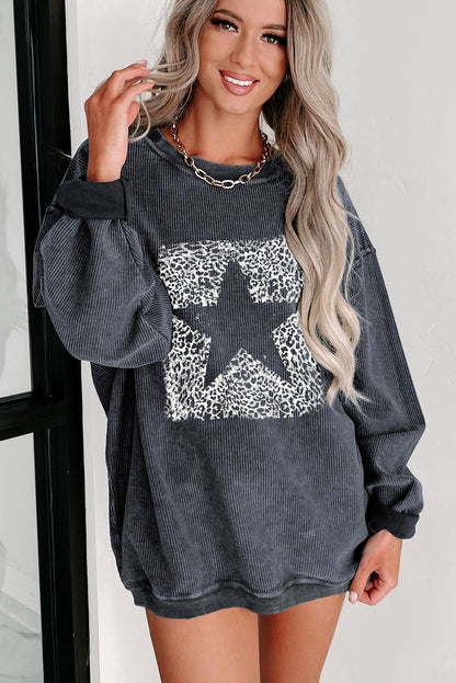 Leopard Star Graphic Corded Sweatshirt | Gray