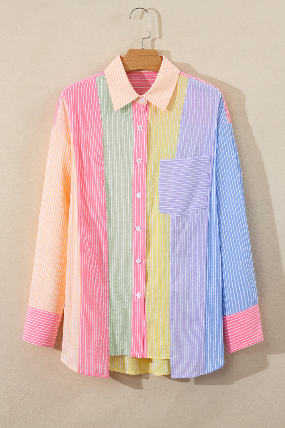 Colour Block Chest Pocket Oversized Shirt | Pink Stripe