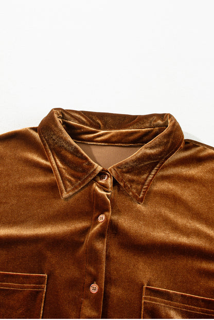 Plus Size Velvet Chest Pocket Drop Shoulder Shirt | Chestnut