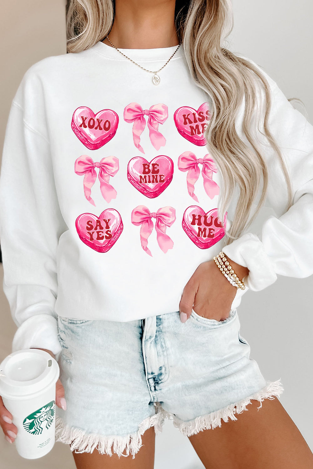 White Valentine Candy Heart & Bow Graphic Sweatshirt