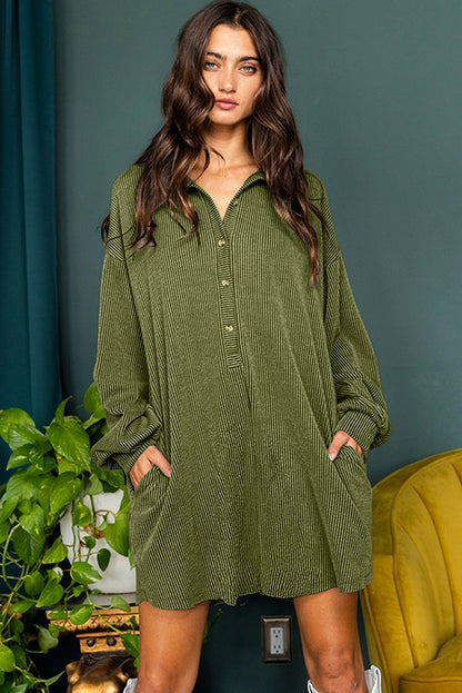 Corded Buttons Placket Drop Shoulder Collared Shift Dress | Moss Green