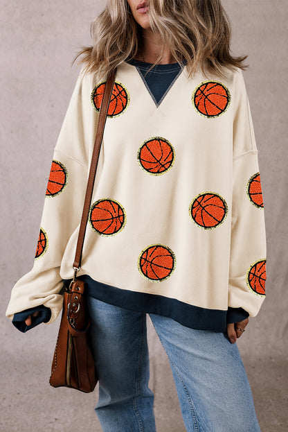 Game Day Basketball Pattern Colour Block Oversized Sweatshirt | White