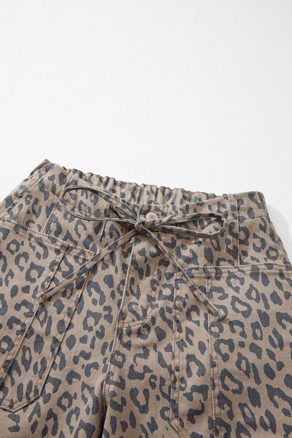 Leopard Printed Drawstring Waist Pocketed Wide Leg Jeans | Khaki