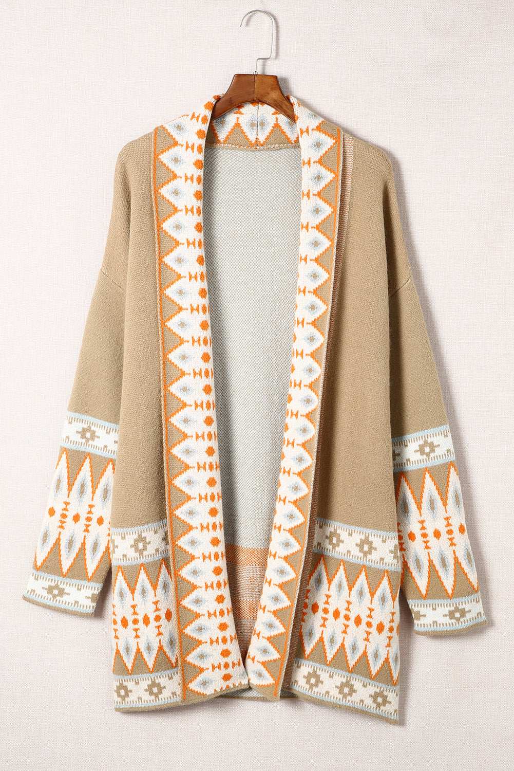 Aztec Print Open Front Knitted Cardigan | Khaki