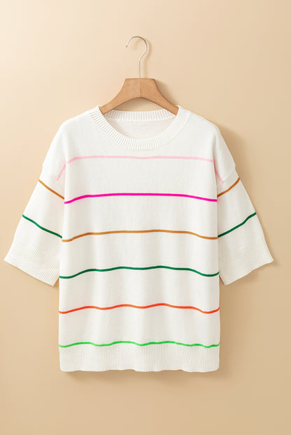 Colourblock Striped Half Sleeve Drop Shoulder Sweater | White