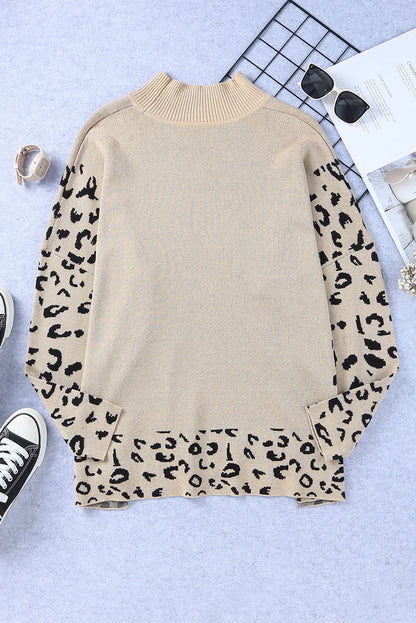 Leopard High Neck Side Slit Oversized Sweater | Khaki