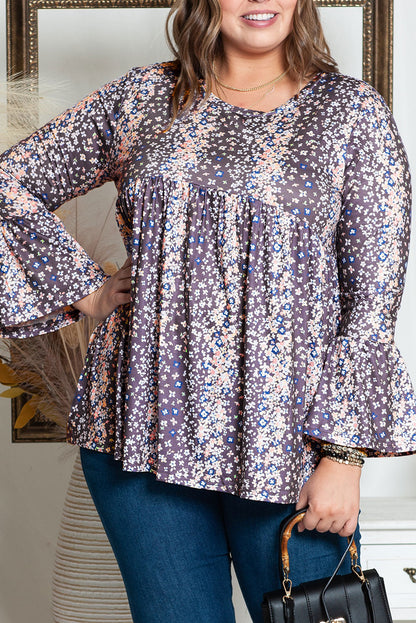 Floral Print Round Neck Plus Size Babydoll Blouse | Purple