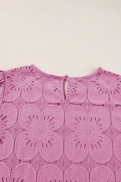 Flower Eyelet Jacquard Keyhole Flounce Sleeve Top | Bright Pink