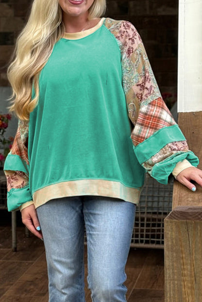 Plus Size Plaid Floral Patchwork Raglan Sleeve Sweatshirt | Sky Blue