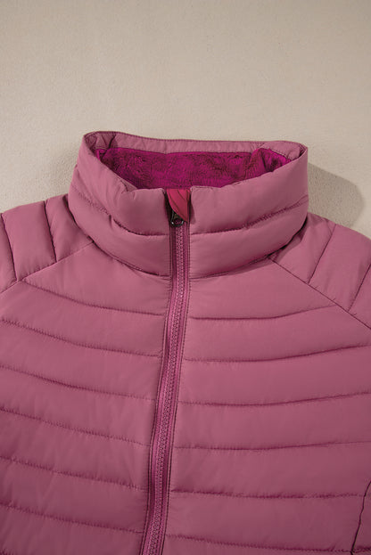 Solid Colour Quilted Zip-Up Puffer Jacket | Burgundy