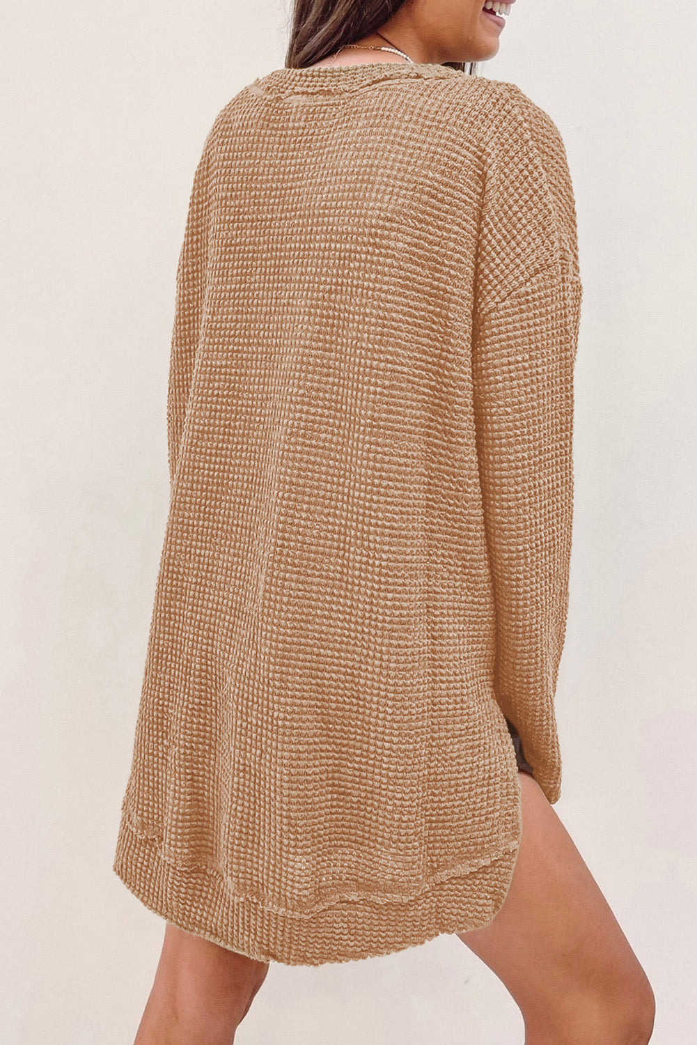 Waffle Knit High Slits Oversized Top | Khaki